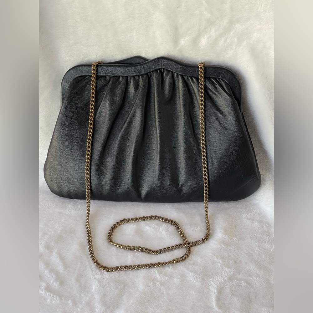 Amazing vintage black leather spring clutch with gold chain punk
